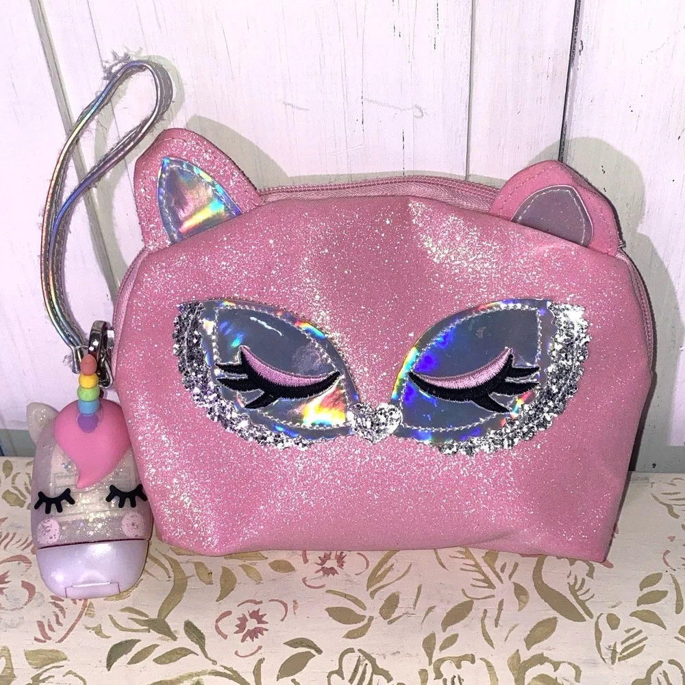 Lot Of 3 Girls Purses 1 Pink Glitter Cat Clutch w/Sanitizer 2 Shiny Plush Purses